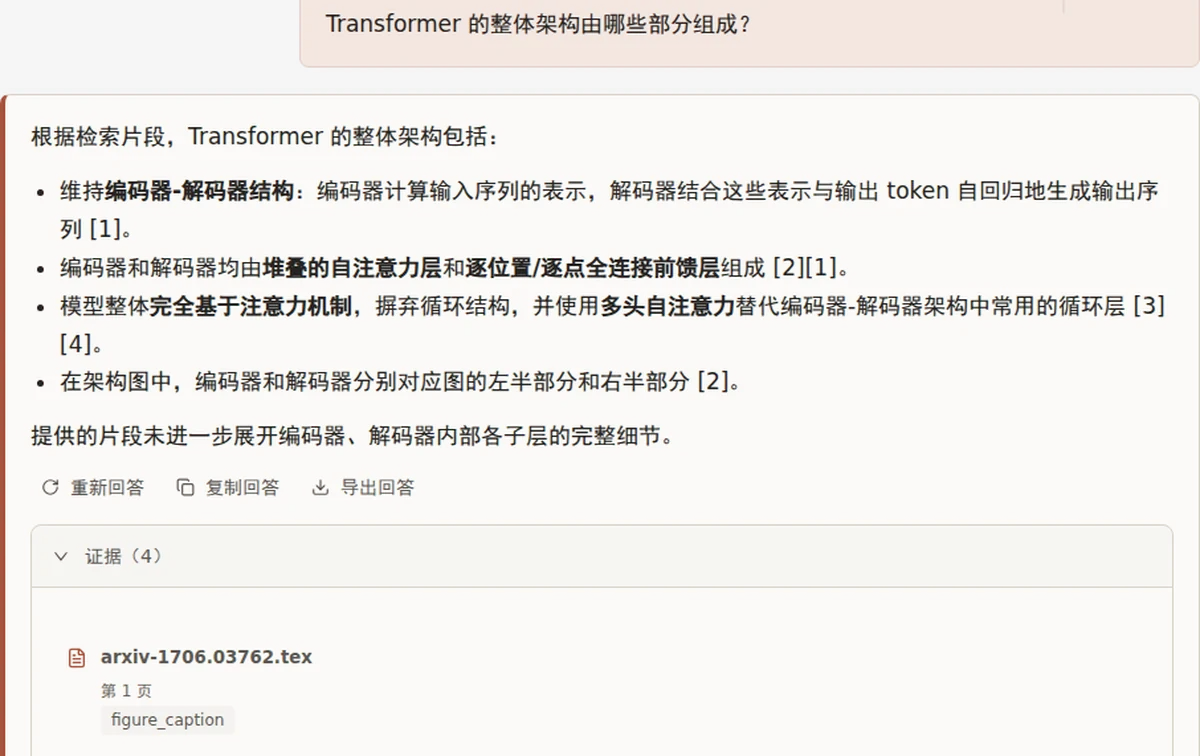 CitedRAG 对话页：回答的每个结论后面带 [1][2] 引用编号，下方展开证据